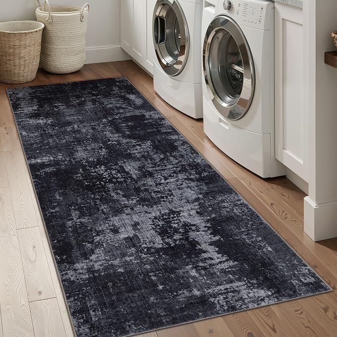 Sasttie 2x8 Soft Runner Rug for Entryway, Modern Abstract Washable Carpet for Hallway, Kitchen and Laundry Room, with Non-Slip Backing, Black and Grey