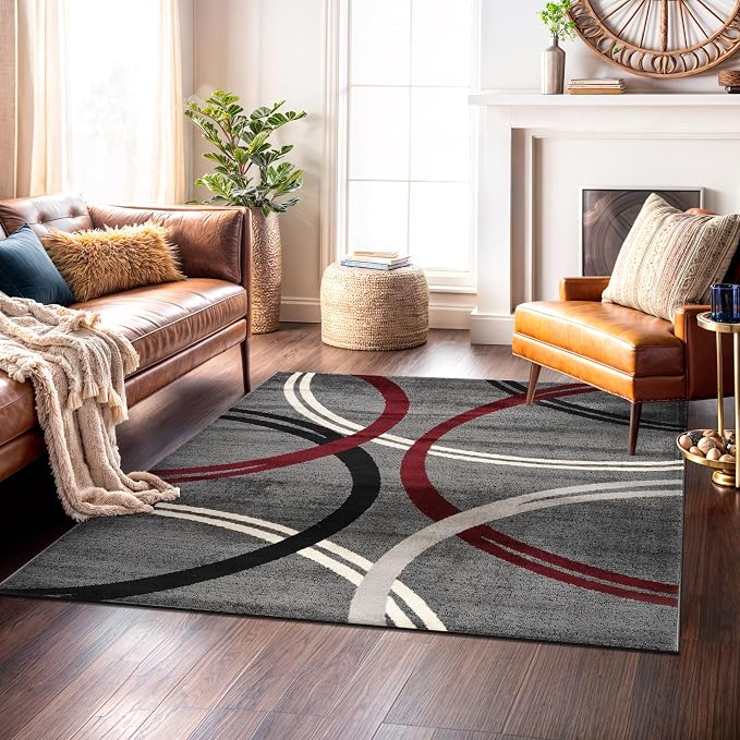 Rugshop Wavy Circles Modern Non-Shedding Square Rug Red 6'6" x 6'6"