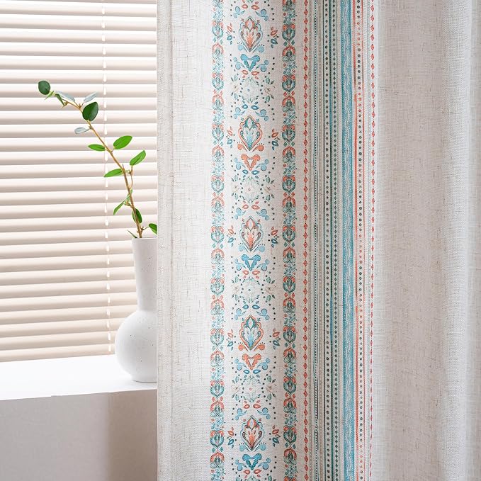 MYSKY HOME Boho Floral Curtains & Drapes 2 Panels - Semi Sheer Linen Blended Flower Curtains 95 Inches Long Light Filtering Privacy Protect Damask Pattern Decoration Texture Soft Touch Back Tab, Teal