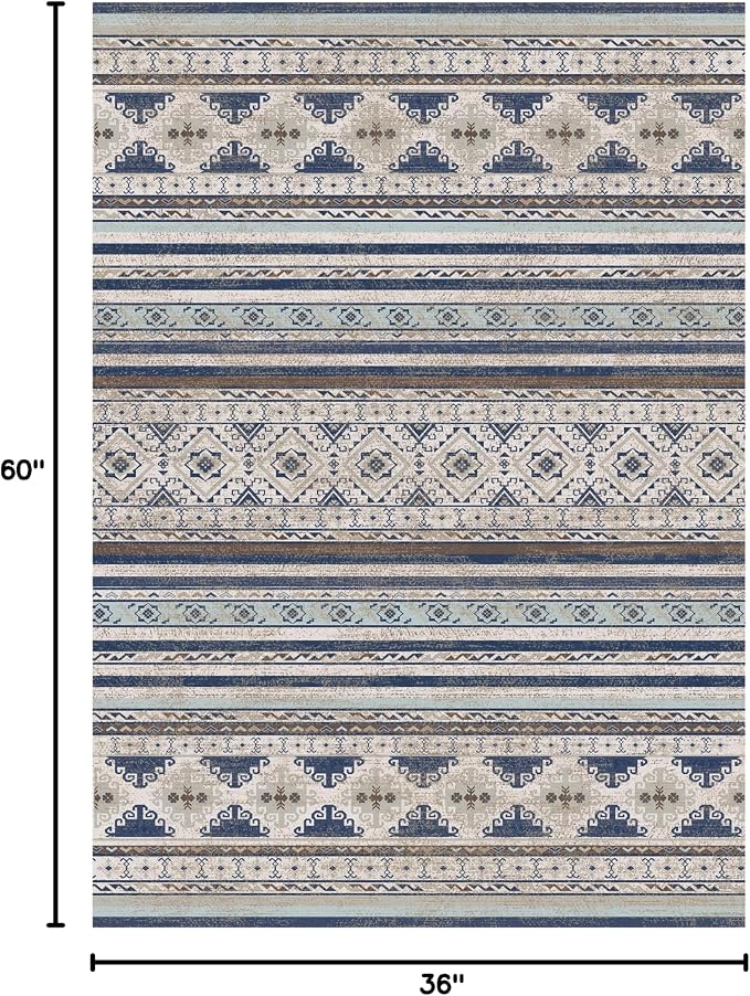 RUGSURE Washable Area Rugs 3' x 5 ' - 1/6 Thick - Moroccan-Inspired -Stain & Water Resistant Non-Slip - Resistant Rug for Living Room, Bedroom, Nursery, Pet & Child Friendly (Blue and Brown)
