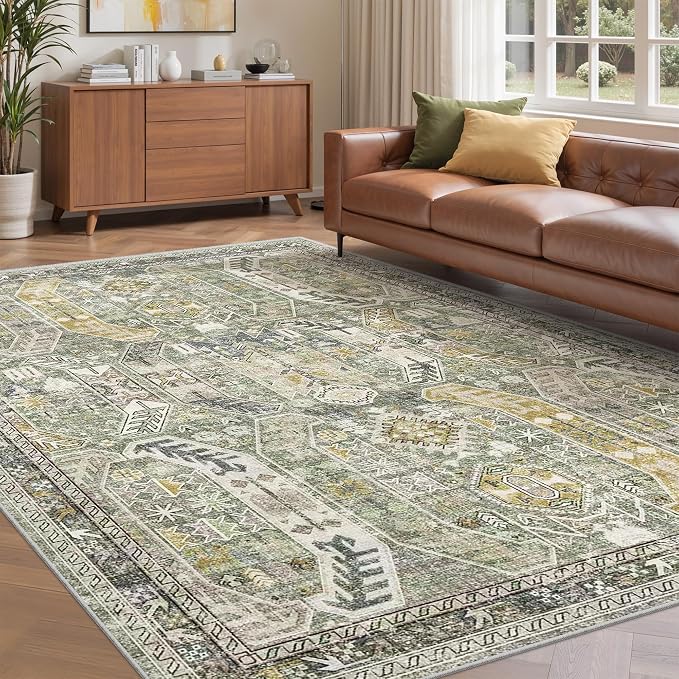 befbee 5x7 Area Rugs for Living Room,Stain Resistant Washable Rug,Non-Slip Backing Rugs for Bedroom,Kitchen,Printed Vintage Home Decor Rug (Green/Gold, 5'x7')