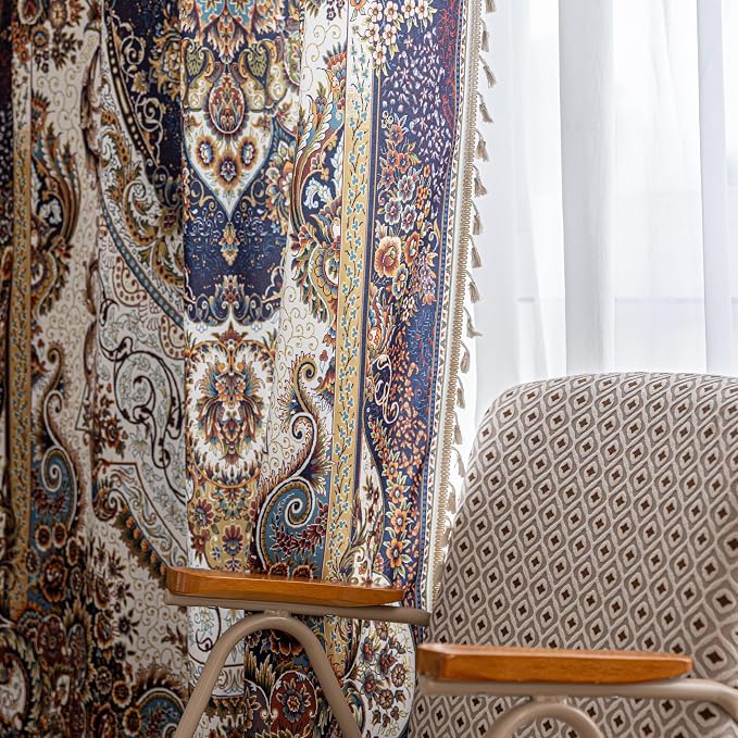 Blue Brown Medallion Curtains 102 Inches Long, Vintage Paisley Boho Farmhouse Light Filtering Rod Pocket Drapes with Tassel Trim for Bedroom Living Room, 2 Panels