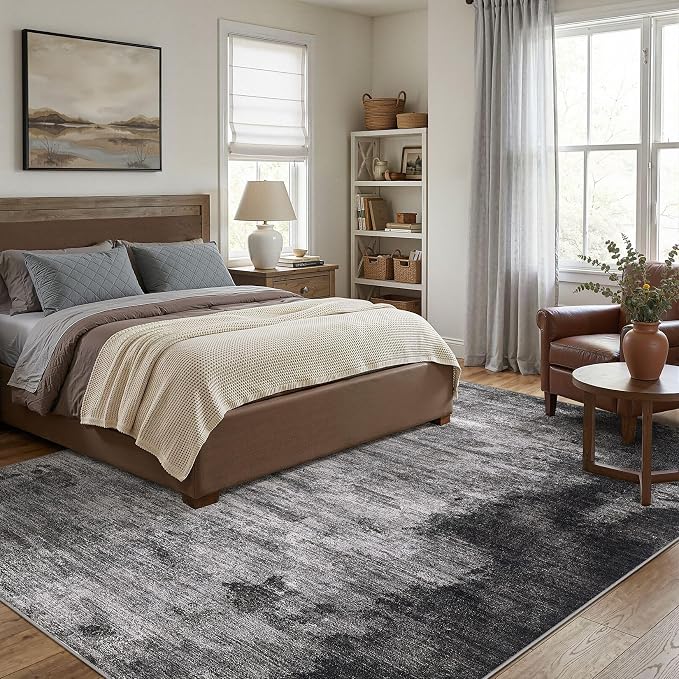 DMOYEST 6x9 Area Rug - Washable & Non Slip Indoor Rug for Living Room, Kid & Pet Friendly Abstract Low Pile Soft Carpet for Bedroom and Dining Room - Dark Grey Blue