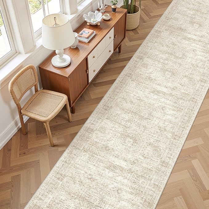 2'6 x 16' Runner Rug Non Slip,Washable Kitchen Rugs,Beige | 16ft Runner Rug for Hallway,Entryway,Bedroom,Living Room,Thin,Soft, Extra Long Rug,Stain Resistant Indoor Carpet