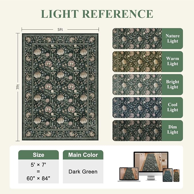 DUKINO 5x7 Area Rug, Vintage Floral Washable Rug for Living Room Dark Green | Non Slip, Low Pile, Non-Shedding, Stain Resistant Lightweight Boho Soft Carpet for Bedroom Home Office Dining Room Farmhouse
