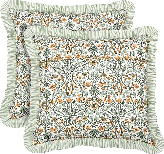 Ridhi Block Print Goldenrod Yellow Throw Pillow Cover 20" x 20" (Pack of 2) Decorative Cushion Covers with Ruffle for Couch, Sofa, Bed, Living Room, Home Decor Gift for Spring, Easter, Valentine