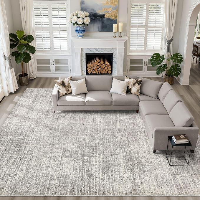10x12 Area Rug Living Room: Washable Large Neutral Rugs Abstract Soft Modern Stain Resistant Indoor Floor Non-Slip Carpet for Bedroom Nursery Kids Office Playroom Dining Room Under Table- Brown Gray