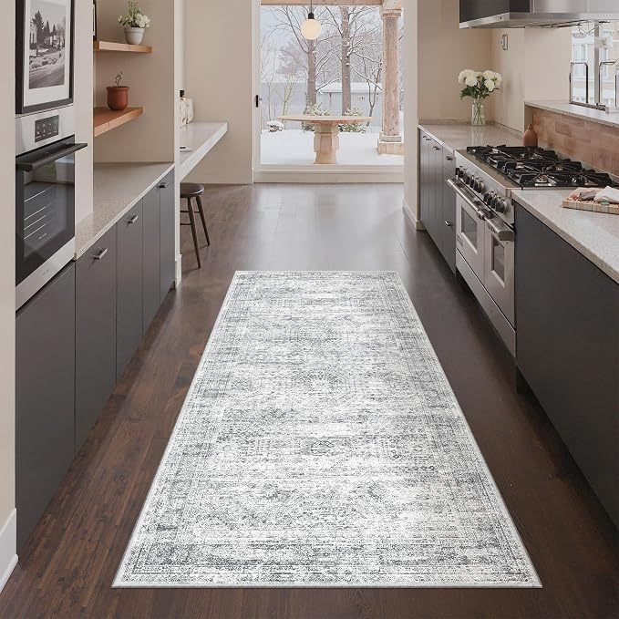 3x6 Runner Rug Non Slip,Washable Hallway Runner Rug,Grey | Neutral Rugs for Kitchen,Entryway,Bedroom,Bathroom,Nursery Room,Thin,Soft Runner Rug,Stain Resistant Indoor Carpet