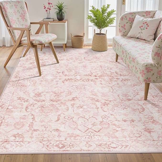 Pink Vintage Area Rug 3x5 for Living Room Bedroom, Washable Distressed Farmhouse Soft Thin Non-Shedding Indoor Throw Rug, Traditional Accent Carpet for Bedroom Office