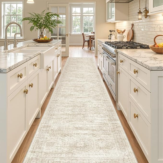 2x12 Runner Rug Non Slip,Washable Hallway Runner Rug,Beige | Long Neutral Rugs for Kitchen,Entryway,Bedroom,Bathroom,Laundry Room,Thin,Soft Runner Rug,Stain Resistant Indoor Carpet