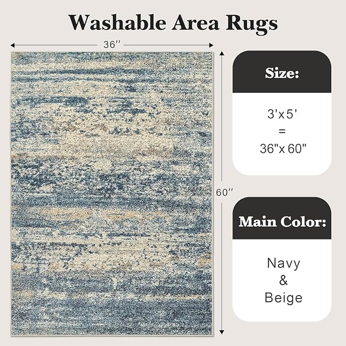 Art&Tuft Washable Rug 3x5, Anti-Slip Backing Abstract 3x5 Rug, Stain Resistant Rugs for Living Room, Foldable Machine Washable Area Rug (3'x5', Navy)