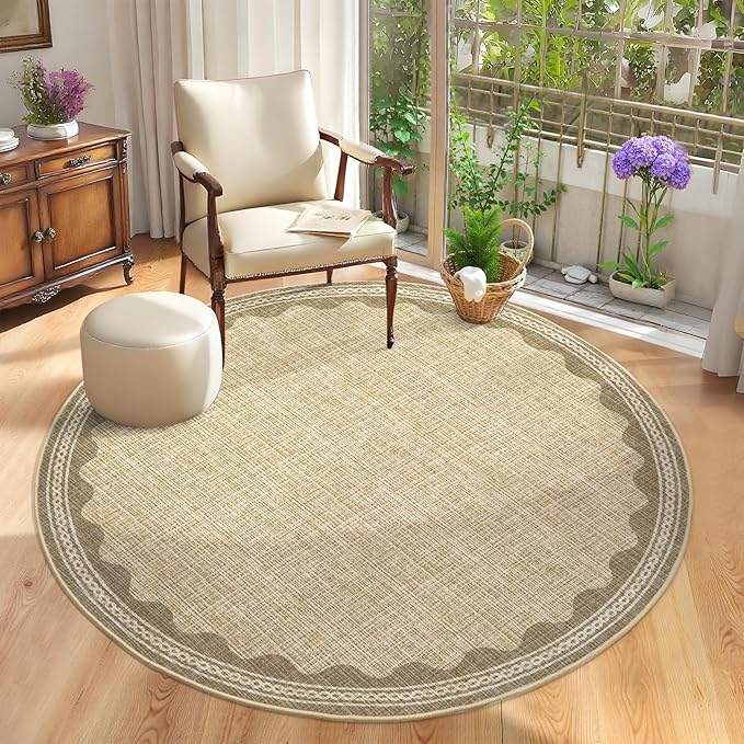 GarveeHome Scalloped Jute Print 6 ft Round Rug Washable Non-Slip Soft Ultra-Thin Small Modern Cottage Core Solid Tan Circle Carpet for Kitchen Bedroom Nursery Dining Room Tan