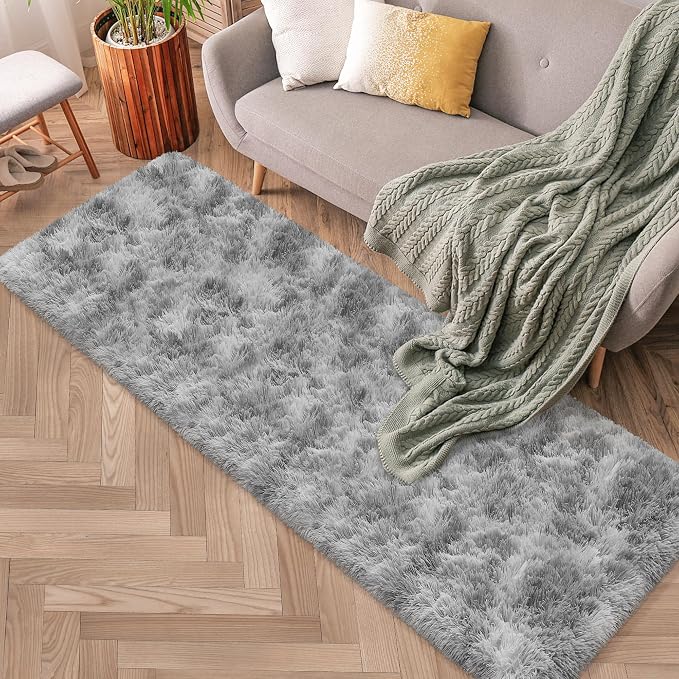 2x6 Grey Runner Rug for Bedroom, Soft Fluffy Runner Area Rug for Living Room Plush Gray Bedroom Rug Fuzzy Shaggy Carpet for Kids Room Dorm Nursery with Non-Slip Bottom
