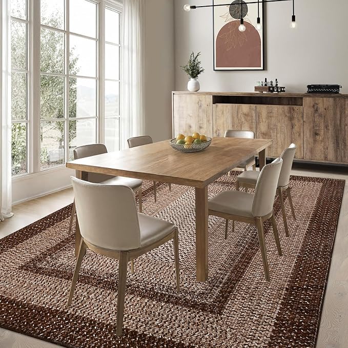 RUGSREAL 3x5 Area Rug, Washable Rug for Bedroom Braided Printed Throw Mat, Living Room Rug Non Slip Stain Resistant Small Dining Room Carpet, Rustic Accent Small Carpet for Entryway Home Decor, Brown
