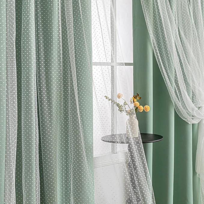 MYSKY HOME Short Curtains for Girls Bedroom & Nursery Kids Green Cute Curtains 63 inch Long Double Layer with Polka Dots Sheer, Grommet Tops, 52" Wide Each Panel, 2 Panels