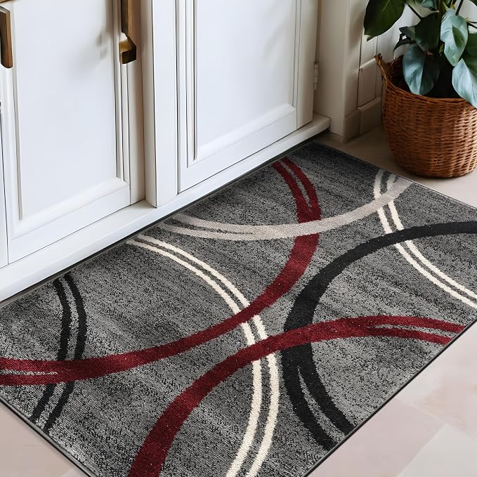Rugshop Wavy Circles Modern Non-Shedding Accent Area Rug Red 2'7" x 4'
