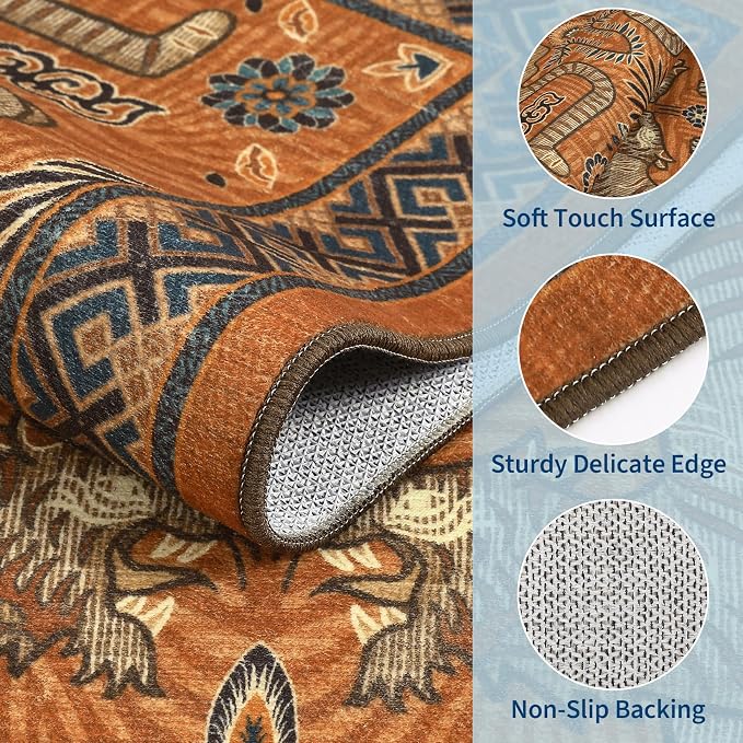 GarveeHome Tiger Round Area Rugs for Bedroom, 5ft Boho Orange Animal Print Circle Rugs Non Slip, Washable Vintage Tribal Floor Carpet for Dining Room Entryway Nursery Playroom Office