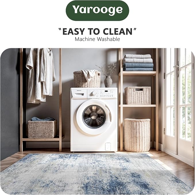 6x9 Area Rugs, Abstract Modern Ultra Soft Washable Rug, Non Slip Carpet with Rubber Back Stain Resistance Rugs for Living Room, Bedroom, Dining Room Decor(Blue & White)