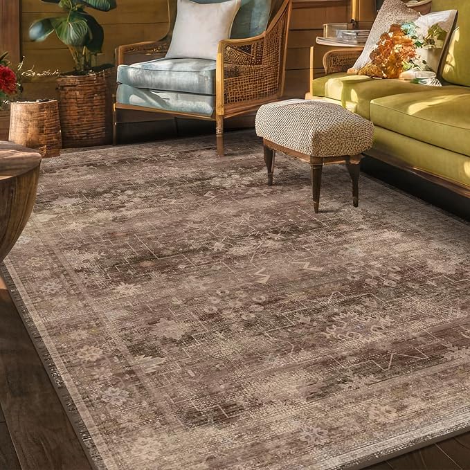 Hazo Haus Boho Taupe Brown 5x7 Living Room Rug - Modern Vintage Traditional Oriental Neutral, Washable Low Pile Non-Slip Large Area Rugs for Nursery Dining Under Table