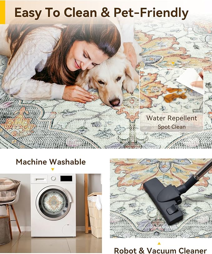 RELEANY Area Rugs Round 8ft Washable Non-Slip, Floral Vintage Distress Medallion Carpet for Living Room Bedroom Dining Room, Beige Carbon Grey Orange