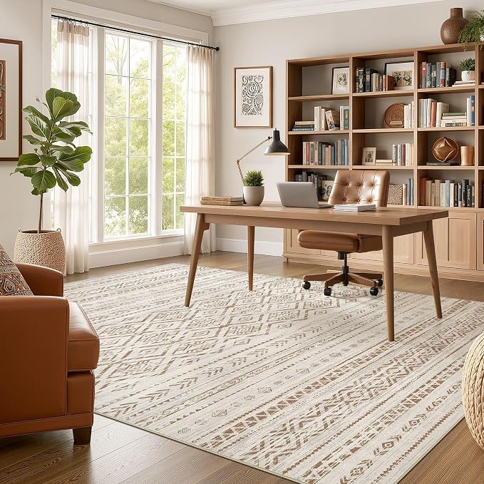 Nakagishi Area Rug Living Room Rugs: 9x12 Large Soft Machine Washable Boho Moroccan FarmNeutral Stain Resistant Indoor Floor Carpet for Bedroom Under Dining Table Home Office Decor-Brown