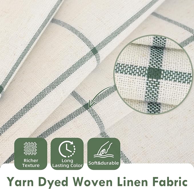 DriftAway 100% Blackout Plaid Linen Curtains W52xL90 Loden Green | 100% Blackout, Linen Texture, Plaid Pattern, Two Layers, Rod Pocket & Back Tab, Bedroom Living Room Use, Luxury Appearance