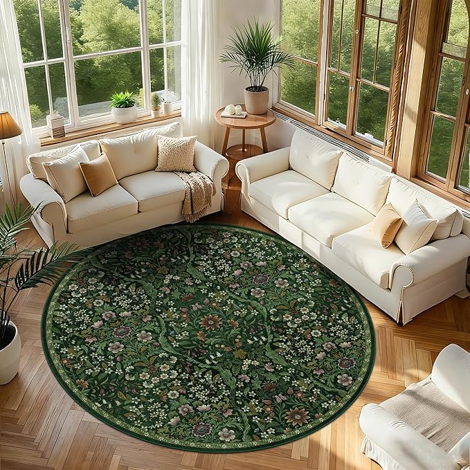 Round Rug 7ft Dark Green Washable Floral Circle Rug,Vintage Boho Botanical Round Area Rugs, Non-Slip Soft Low-Pile Circular Carpet for Bedroom,Kids Room,College Dorm,Home Decor