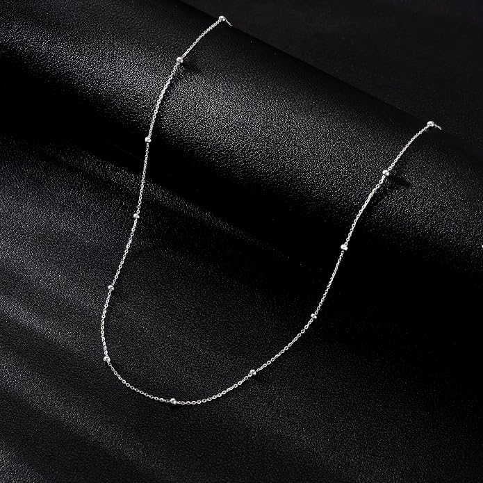 Carffordo 925 Sterling Silver Chain Necklace 16K Gold Plated Beaded Chain Necklace for Women Simple Dainty Choker Necklace Satellite Waterproof Link Necklace Trendy Jewelry Gifts