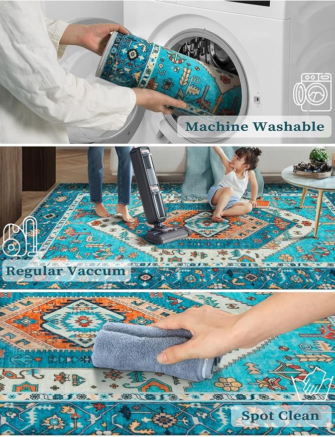 SERISSA Boho Kitchen Runner Rug, 3x7 Washable Non-Slip Runner Rug for Hallways Kitchen Rug, Ultra Soft Vintage Blue Print Distressed Tribal Floor Carpet Runner for Bedroom Entryway Laundry Room