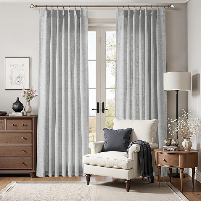 Aersas Light Grey Pinch Pleated Linen Curtains 108 Inch Length 2 Panels for Living Room Bedroom Semi Sheer Window Curtain Boho Neutral Back Tab Pinch Pleat Drape with Hooks 40x108