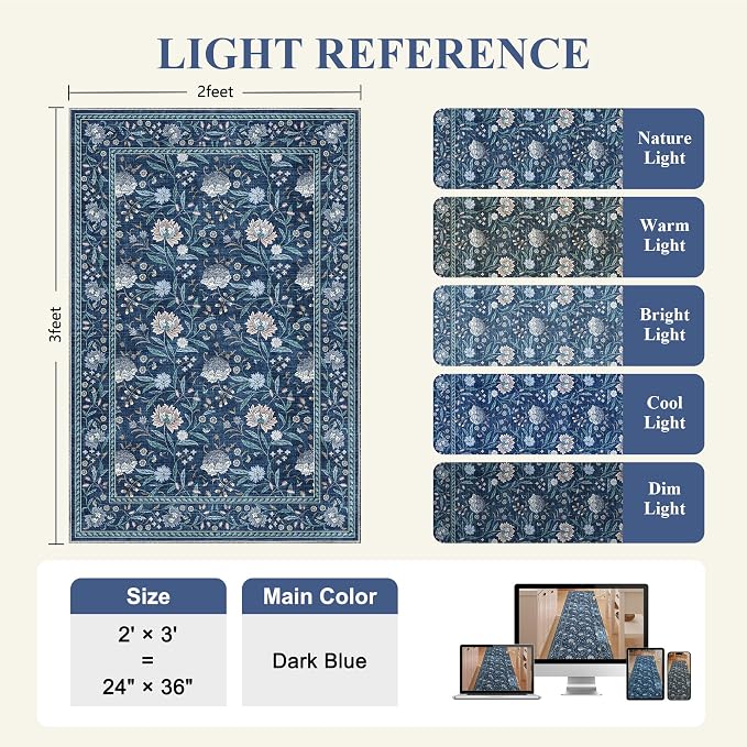 DUKINO 2x3 Rug, Washable Vintage Floral Bathroom Rugs Non Slip, Dark Blue | Low Pile, Stain Resistant Boho Soft Indoor Door Mat, Small Front Door Carpet for Entryway Kitchen Laundry Bedroom Farmhouse