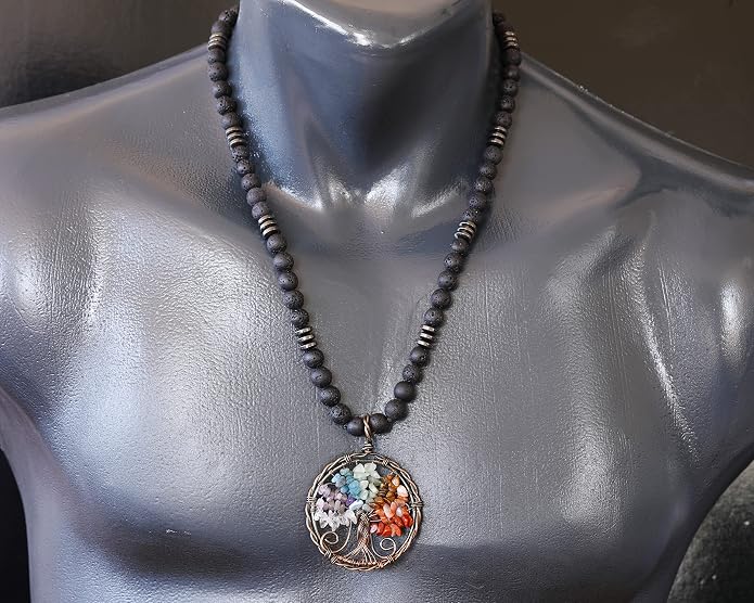 ElisaJewelryArt - Natural Labradorite Big Tree Of Life Black Lava Stone Beaded Necklace Genuine Gemstone Energy Stone Clasp Closure Necklace Unisex Necklace
