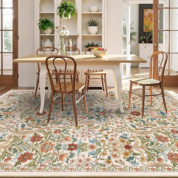 5×7 Area Rugs Beige Washable Floral Rug,Vintage Boho Soft Low-Pile Living Room Rugs, Stain Resistant Botanical Non-Slip Carpet for Girls Bedroom,Dining Room,Kids Nursery,Home Decor