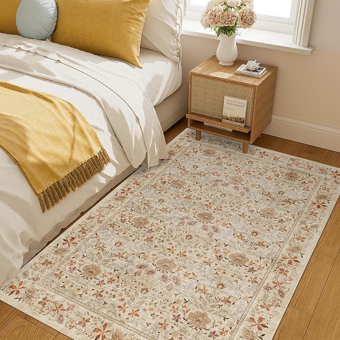 DUKINO 3x5 Rug, Washable Vintage Floral Bedroom Area Rug Non Slip, Beige | Low Pile, Non-Shedding, Aesthetic Lightweight Soft Indoor Small Carpet for Bathroom Entryway Living Room Office Farmhouse
