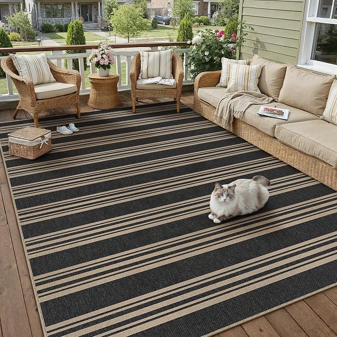 PureCozy Outdoor Rug 5x7 Washable Striped Jute Look Non Slip Carpet | Black and Tan Stripe Farmhouse Style, Indoor Outdoor Area Rug for Patio, Living Room, Dining Room, Non Shedding, Neutral Rugs
