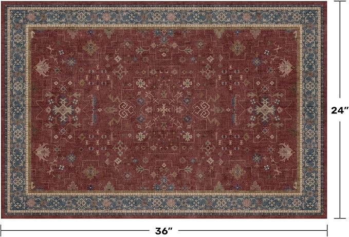 Burgundy 2x3 Washable Rugs for Entryway Indoor, Boho Kitchen Rug for Floor, Bathroom, Doormat Indoor Entrance, Waterproof Non Slip Low Pile Stain & Fade Resistant, Modern Eclectic Floral Decor
