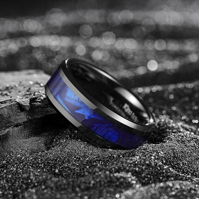 King Will Black Tungsten Wedding Band For Men, 8mm Promise Ring Inlay Red Twill Pattern/Colorful Wood Chips, High Polished Beveled Edge - Suitable For Daily Wear, Comfort Fit Size 7-14