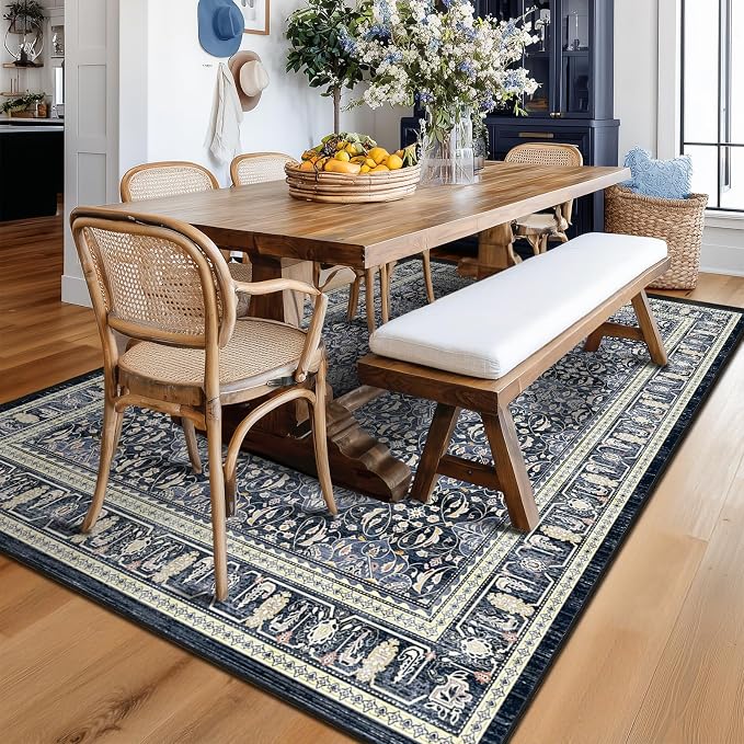 Dark Blue Area Rug 6x9, Boho Floral Moroccan Trellis Printed Transitional Style Rugs for Living Room Bedroom, Washable Non Slip Low Pile Thin Carpet Rug for Dining Room Guest Room Home Office