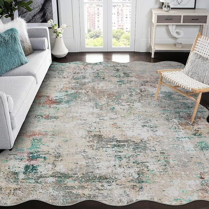 ROYHOME Modern Abstract Scalloped Area Rug 9x12 Non Slip Non Shedding Rug Low Pile Stain Resistant for Bedroom Living Room,Colorful