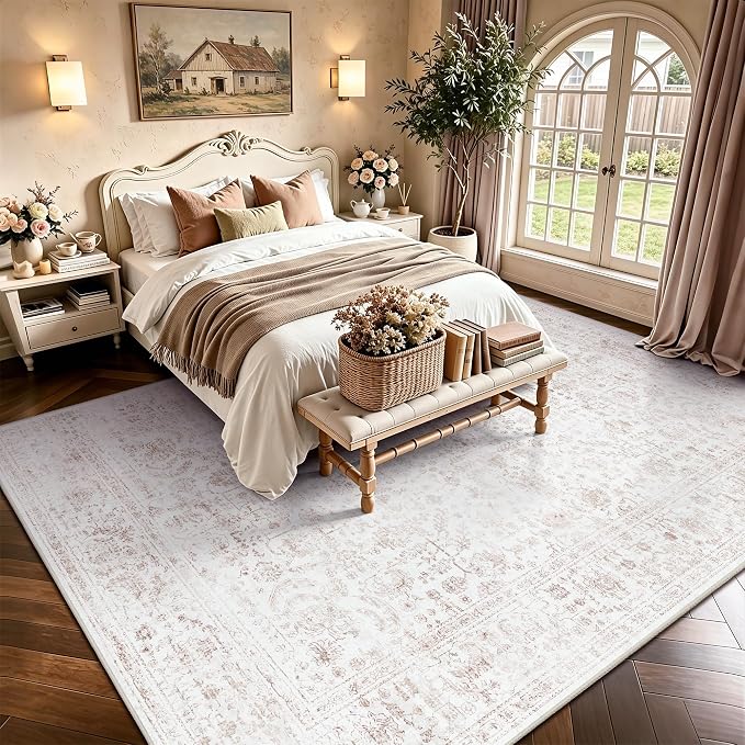 8x10 Area Rugs for Living Room, Washable Vintage Retro Floral Rug, Low Pile Non Slip Distressed Large Carpet for Bedroom, Dining Room, Office, Home (Pink)