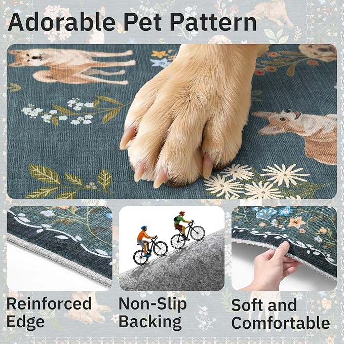 Soalmost Dog 5x7 Area Rugs for Living Room, Washable Soft Rug Navy Blue | Floral Vintage Non-Slip Low Pile Cute Animal Throw Rugs for Kitchen Dining Room Bedroom Nursery Playroom 5' x 7'