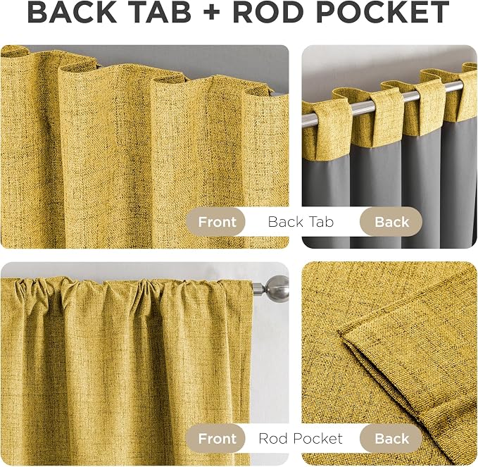 Joydeco Blackout Curtains for Bedroom - 100% Light Blocking 2 Panels Set Yellow Drapes 37" W x 90" L, Thermal Insulated Room Darkening Curtains, Linen Textured for Living Room, Rod Pocket & Back Tabs
