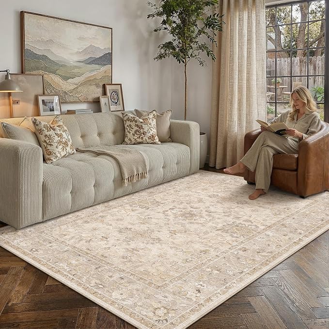 5x7 Beige Washable Area Rug Non Slip Vintage Carpet | Soft Low Pile, Lightweight Foldable, Pet Friendly, Living Room, Bedroom, Dining Room, Classroom, Playroom