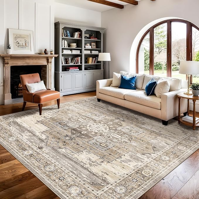 RUUGME 8x8 Square Area Rug for Living Room Washable Beige | Low Pile Non Slip Soft Rug for Bedroom, Dining Room, Office and Entryway with Stain Resistant Easy Care Design