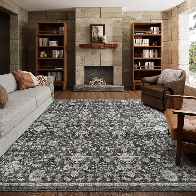 Washable Rugs for Living Room: 6x9 Area Rugs for Bedroom Ultra Soft Non-Slip Stain Resistant Vintage Boho Large Carpet for High-Traffic Dining Room - Farmhouse Decor