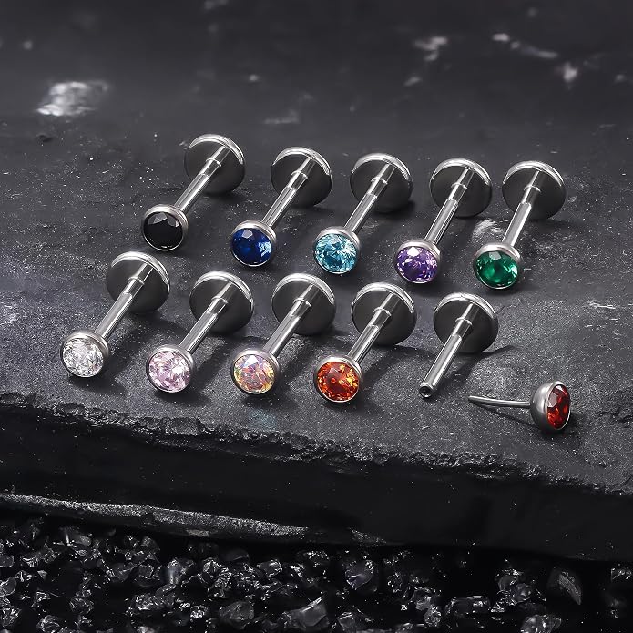 Ruifan Titanium Flat Back Lip Rings Threadless Push in Earrings Studs Nose Rings 20G 18G 16G Jeweled Mix Colors CZ Tragus Cartilage Lobe Rook Helix Conch Labret Medusa Piercing Jewelry for Women Men