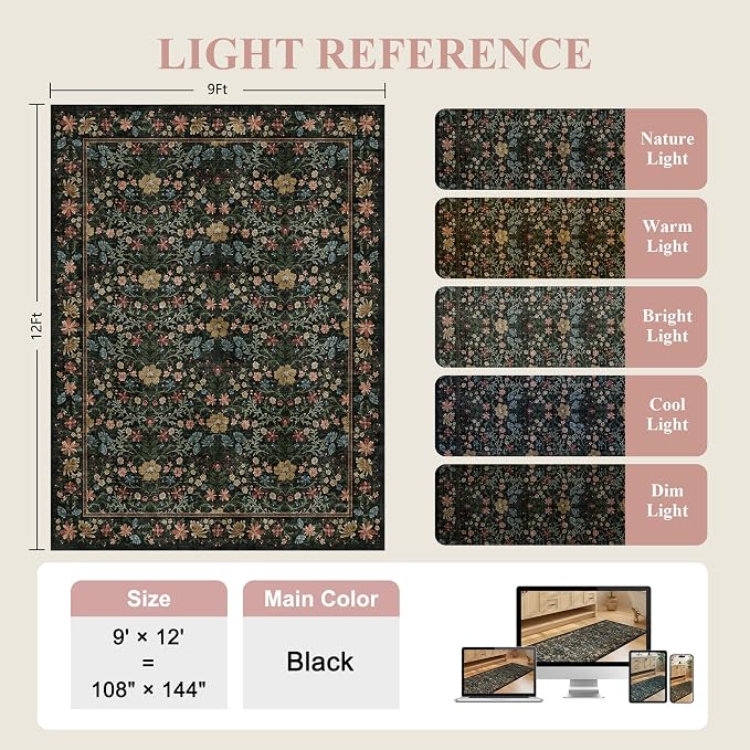 DUKINO 9x12 Area Rug for Living Room, Vintage Floral Washable Rugs, Black | Non Slip, Low Pile, Non-Shedding, Stain Resistant, Aesthetic Soft Indoor Large Carpet for Bedroom, Dining Room, Farmhouse