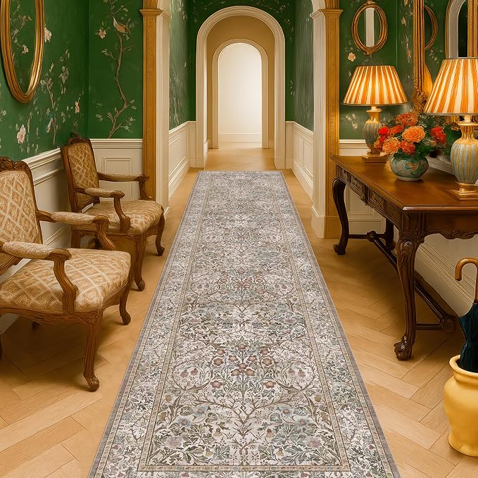 Moss Green 3x10 ft Extra Long Wide Runner Rug for Hallway Non Slip Washable, Large Kitchen Indoor Floor Rugs for Entryway Bathroom Bedroom, Stain Resistant Vintage Neutral Floral Carpet