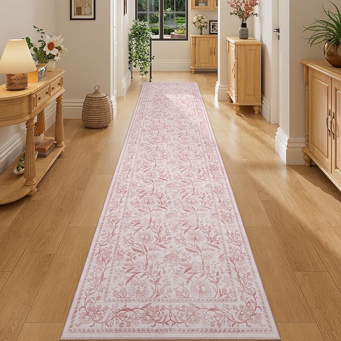 DUKINO 2x10 Runner Rug for Hallway, Washable Vintage Floral Rug, Light Pink | Non Slip, Low Pile, Non-Shedding, Stain Resistant Soft Long Runner Carpet for Kitchen Bathroom Entryway Bedroom Farmhouse
