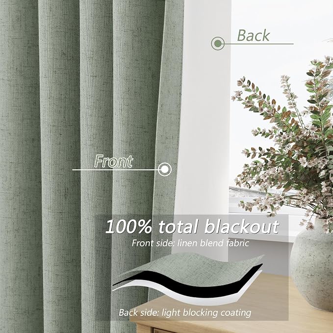 Guken 100% Blackout Curtains 90 Inch Length 2 Panels Set for Living Room Bedroom Back Tab Thermal Insulated Black Out Linen Drapes Room Darkening Window Curtains 90 Inches Long,Desert Sage